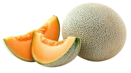 Fresh Cantaloupe and Slices Showcase Juicy Goodness on a Transparent Backdrop