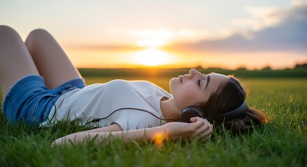 Young woman relaxing on grass at sunset enjoying the moment.