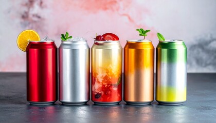 Refreshing canned beverages with garnishes of fruits and herbs, displayed in a vibrant, eye-catching arrangement