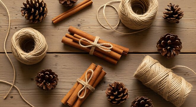 A rustic arrangement of cinnamon sticks and pinecones tied with twine on a wooden surface, evoking a natural and cozy aesthetic.