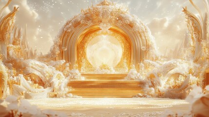 Golden Celestial Gate, Fantasy Landscape, Heavenly Throne, Spiritual Background, Ideal for Fantasy Art