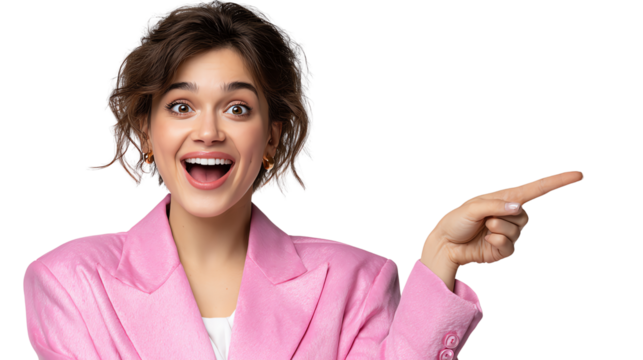 Enthusiastic Woman Pointing: A cheerful woman with radiant eyes and a dazzling smile gestures emphatically, her outstretched finger leading the viewer's gaze toward an unseen point.