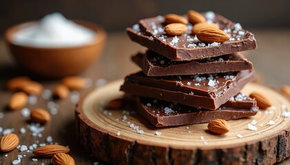 Dark chocolate bark with roasted almonds and sea salt piled on a wood slice. Whole almonds and coarse salt crystals scatter around the treat. A bowl of white sugar or salt sits in background blur.