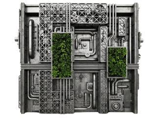 Futuristic industrial metal structure with vertical green walls on a transparent background