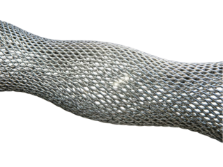 Flexible metallic conduit made of a shiny woven wire mesh on a transparent background