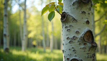 Quaking aspen tree with white bark in forest. New green leaves grow from branch. Soft light filters through trees. Nature scene with textured bark detail.