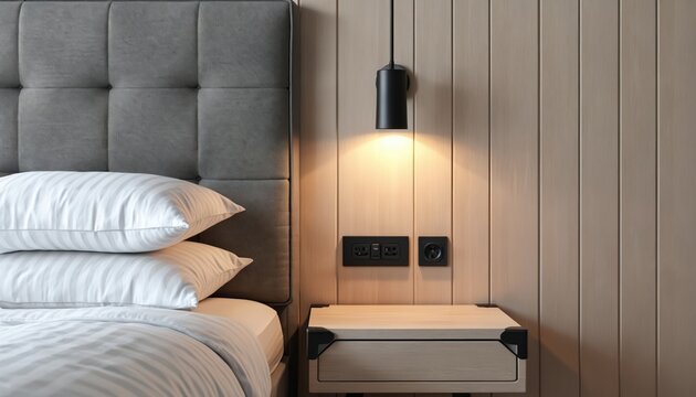 Modern hotel bedside area with plush grey headboard, white striped pillows, wooden nightstand. Warm pendant light illuminates power outlets, USB ports for guest convenience, charging devices.