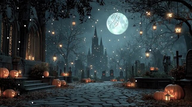 La f&ecirc;te d'Halloween dans un cimeti&egrave;re, par une nuit de pleine lune, avec des citrouilles effrayantes et des architectures gothiques en arri&egrave;re-plan