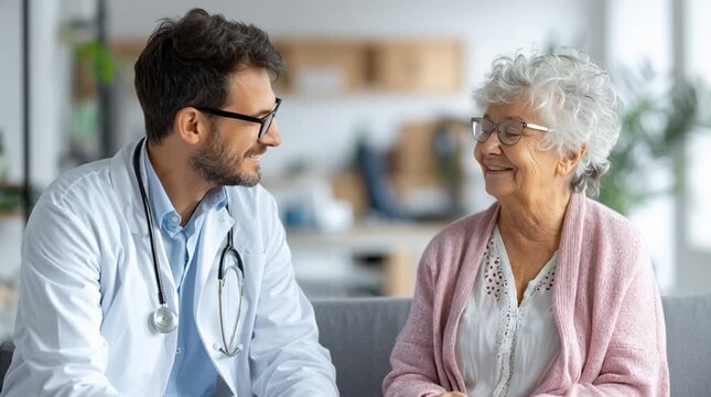 Un m&eacute;decin ausculte &agrave; l'aide d'un st&eacute;thoscope son patient, une personne &acirc;g&eacute;e, dans son cabinet m&eacute;dical