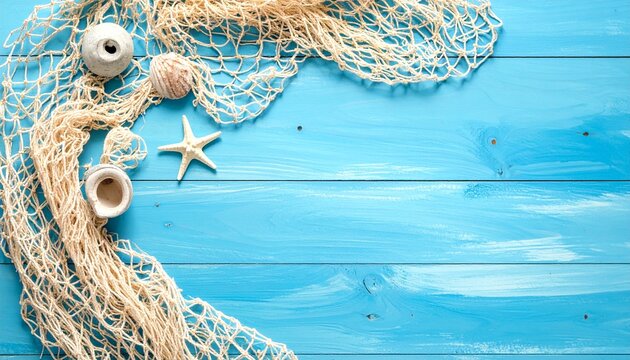 Rustic blue wooden background with fishing net and seashells, perfect for summer and beach themes