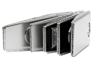 Luxury silver album with layered metal pages and filigree design on a transparent background