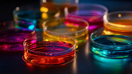 Close up of petri dishes filled with colorful liquids in a laboratory setting