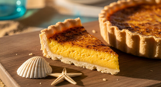 Delicious slice of custard tart with seashell and starfish on a wooden serving board indeed