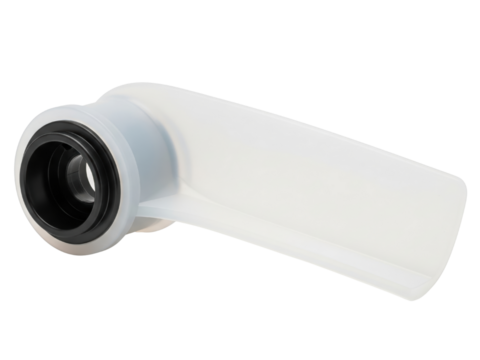 Flat white plastic siphon part for shower drain installation on a transparent background