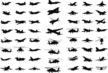 Aircraft silhouette grid, fighter jets, helicopters, transport planes, aviation icons, military aircraft set, flight illustration, stock image, vector concept