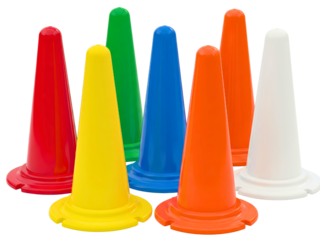 Group of small colorful plastic cones for sports agility training on a transparent background