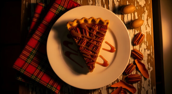 Delicious slice of pecan pie with caramel and pecans on a white plate - Powered by Adobe