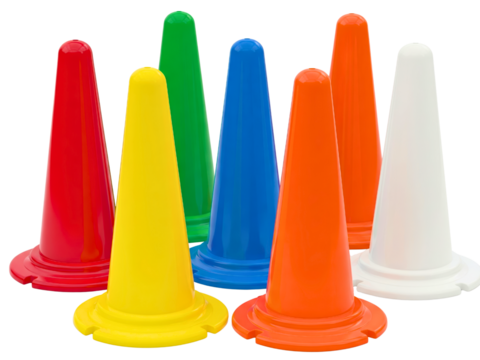 Group of small colorful plastic cones for sports agility training on a transparent background