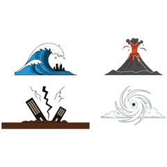 Major Natural Disasters Icons Set: Tsunami, Volcanic Eruption, Earthquake, and Tornado/Hurricane Clipart Vector Illustrations for Emergency Preparedness and Warning Signs