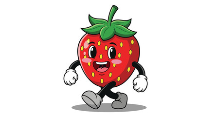 Cheerful cartoon strawberry character with a happy expression walking with arms and legs.