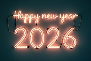 Glowing neon sign Happy New Year 2026. For New Year Eve events, countdown parties, digital design, and holiday themed advertising concepts