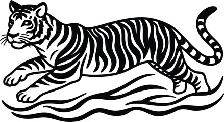 A silhouette Stylized black and white illustration of a tiger walking through wavy water on white background 