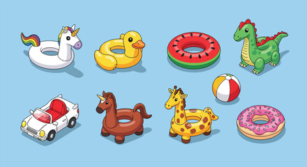 Collection of inflatable pool toys in various fun shapes.