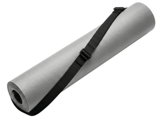 Rolled up gray fitness mat with a black shoulder carrying strap on a transparent background