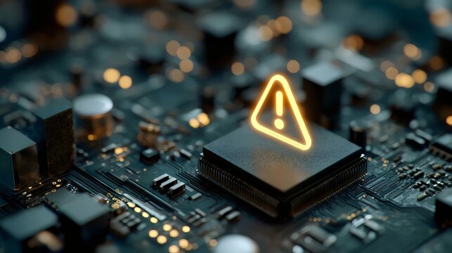 Close-up of a microchip with an alert symbol, highlighting technology and caution in a modern digital environment.