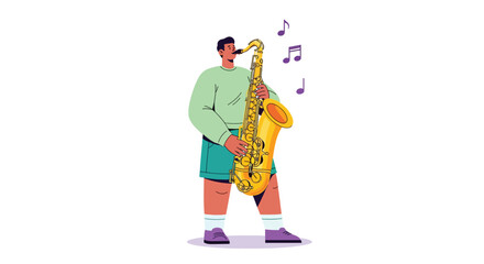 Man playing a golden saxophone with musical notes.
