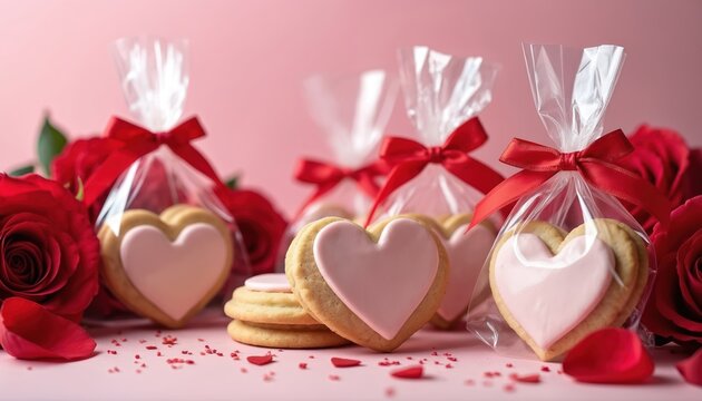 Heart shaped cookies with pink icing wrapped in transparent bags tied with red ribbons. Red roses around them. Romantic sweets, perfect treat for Valentine Day or wedding anniversary.
