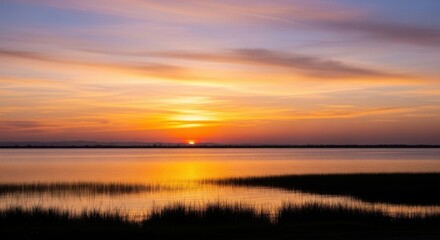 Fototapeta premium Serene sunset over tranquil lake with vibrant sky reflections for wall art and decor