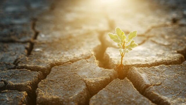 Small green plant growing through cracked dry soil symbolizing hope and resilience in adversity
