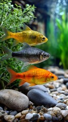 Three colorful barb fish swimming in aquarium