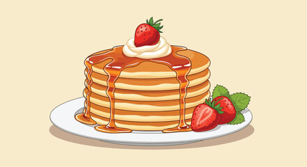 Stack of Golden Pancakes with Whipped Cream Strawberries and Syrup 1.