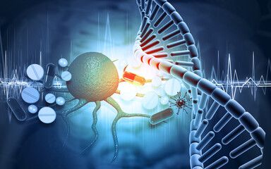 DNA with cancer cells, medicine therapy. 3d illustration