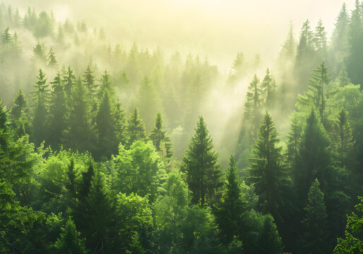 Sunlit green forest with enchanting mist and vibrant foliage, a tranquil path - Powered by Adobe