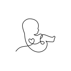 Continuous single line art drawing of a fetus or baby in the womb with a heart shape incorporated. A minimalist symbol of pregnancy, life, love, and maternity care.