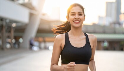 Confident and happy young athletic woman in sportswear running outdoors in the city with a smile during a beautiful sunrise