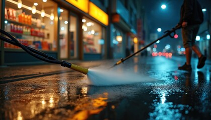 Person uses pressure washer on wet city street at night. Water sprays on sidewalk near illuminated store fronts. Building exterior is cleaned. Reflective puddles form.