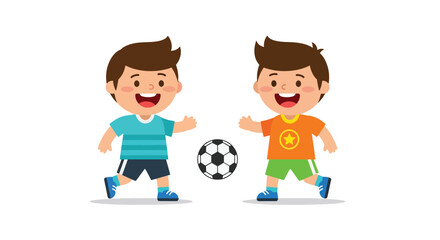Two happy cartoon boys playing soccer with a ball.