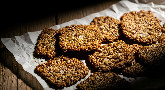 Delicious Sesame Seed Crackers Artistically Arranged on Rustic Wooden Surface in Sunlight
