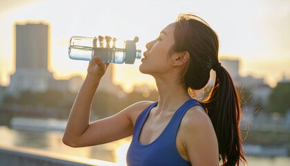 Fit Woman Hydrating with Water Bottle after Exercising at Sunset