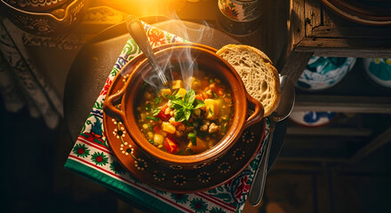 Delicious steaming soup in a rustic bowl with bread next to it, food photography