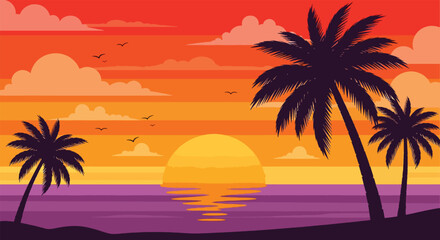 Vibrant Tropical Sunset with Silhouetted Palm Trees and Ocean Reflection.