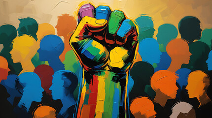 Human rights day colorful hand fist on a background of  people 