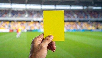 Hand holding a yellow card in a stadium during a sports match, symbolizing a warning or penalty or injury