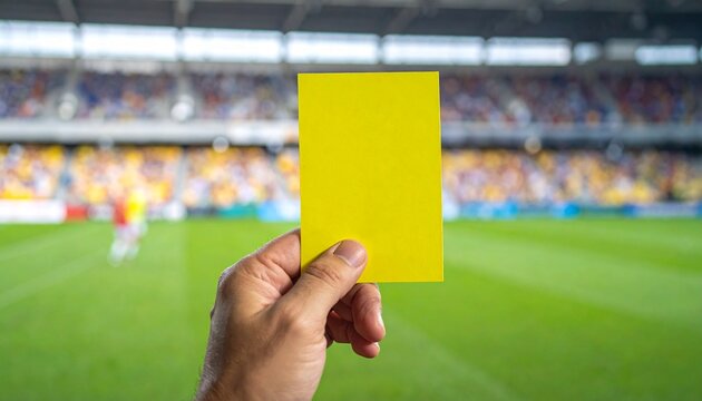 Hand holding a yellow card in a stadium during a sports match, symbolizing a warning or penalty or injury