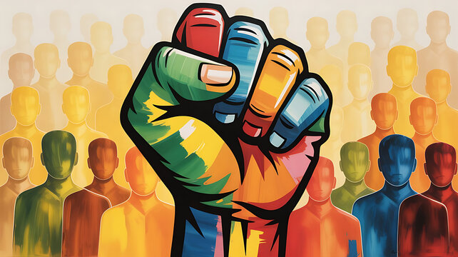 Human rights day colorful hand fist on a background of  people 