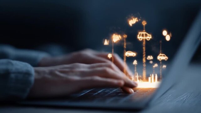 Hands on laptop with glowing transportation icons representing technology